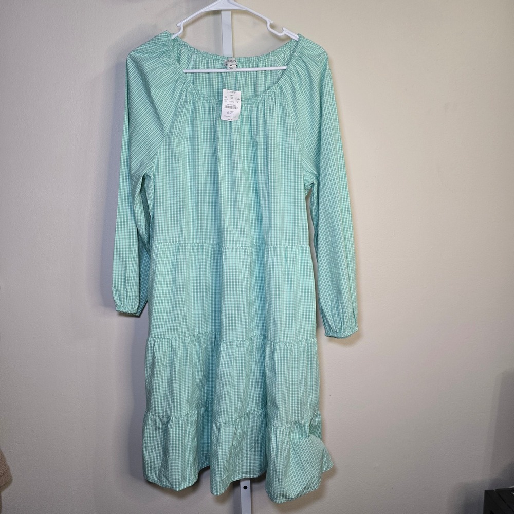 J.Crew Green Gingham Tiered Mini‎ Dress Long Sleeve XL